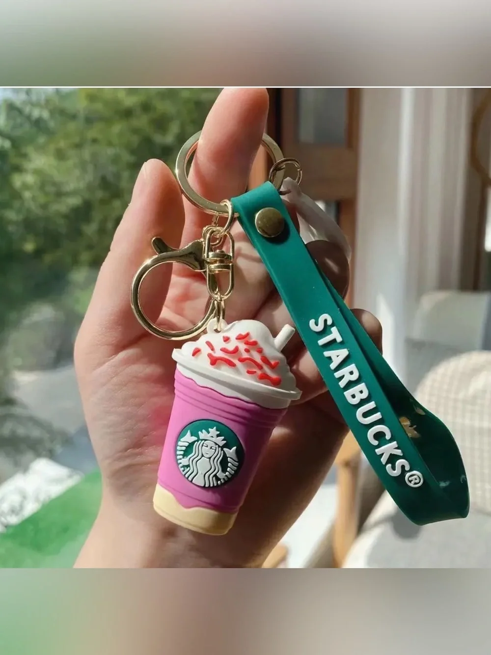 Starbucks Pink Silicone Cup Bag Charm Keychain with Green Strap